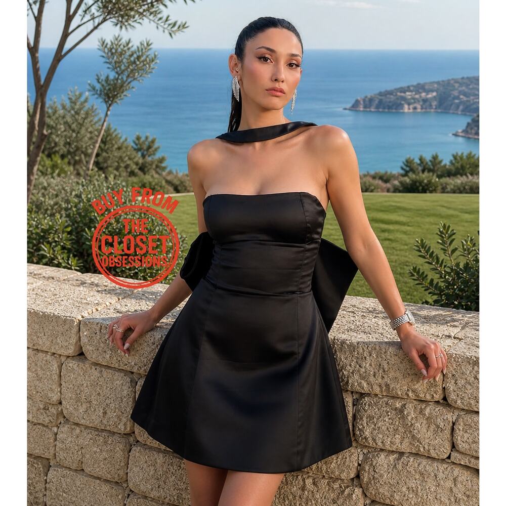 ZARA Black Strapless Bow Mini Dress NWT Fit Flare Cocktail Party Dress M - Picture 4 of 16